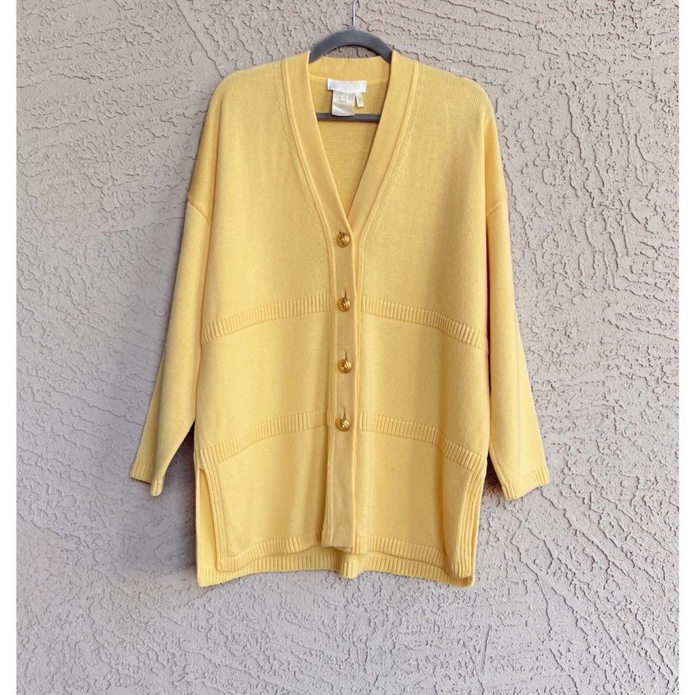 VINTAGE 80s ESCADA Yellow Wool Long Cardigan Sweater w/ Gold Metal Buttons Sz 38